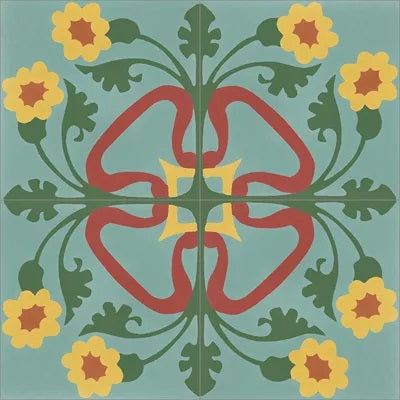 Mission Carnation Aqua 8"x8" Encaustic Cement Tile Quarter Design