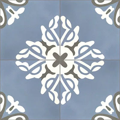 Mission Lily Blue 8"x8" Encaustic Cement Tile Quarter Design